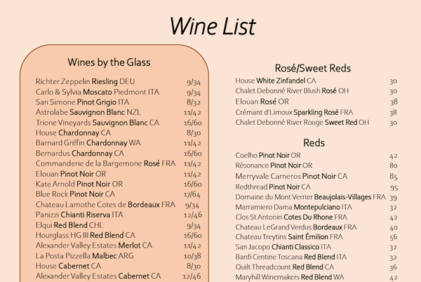 Wine and Beverage Menu